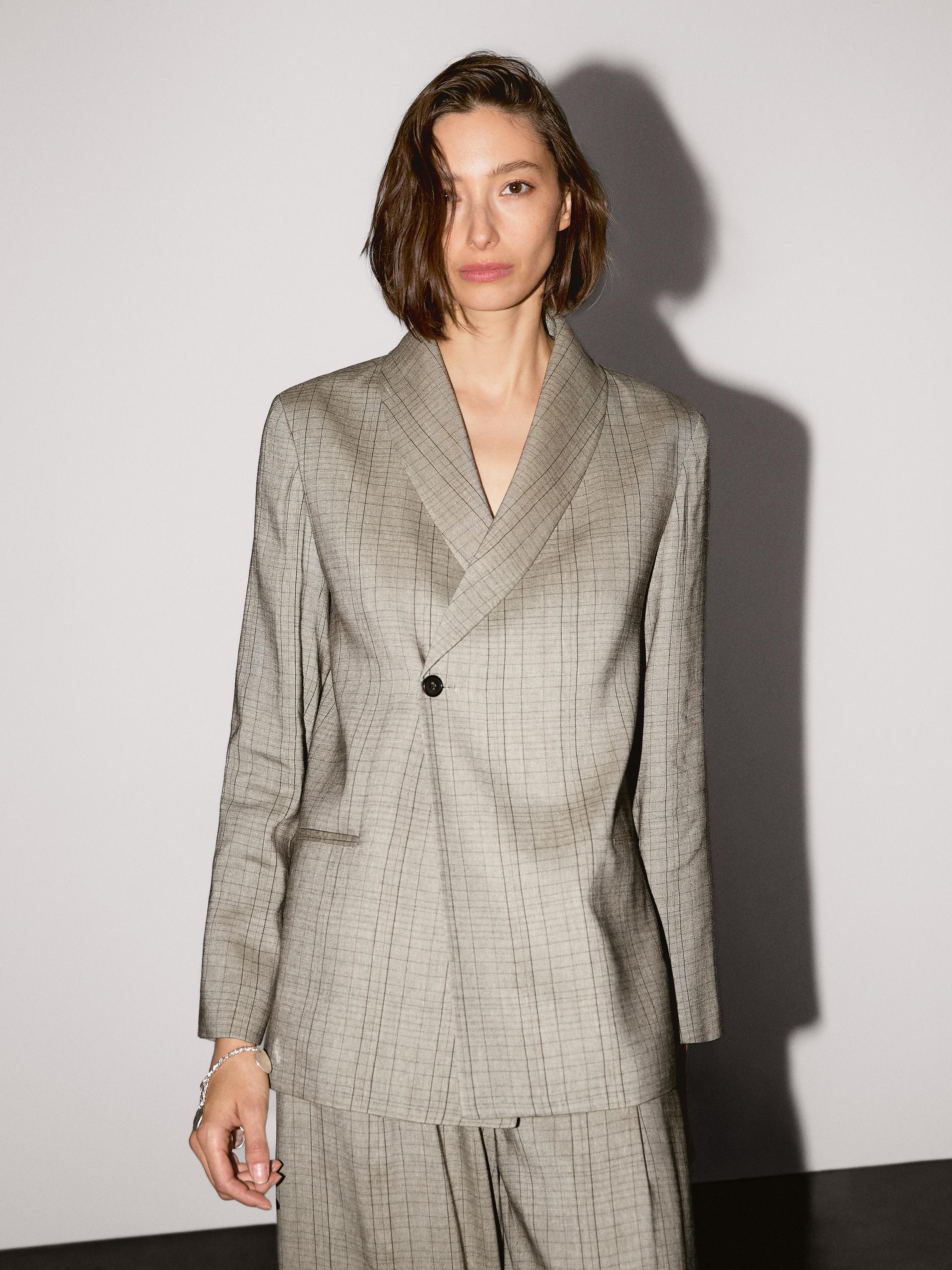 Check print shawl collar blazer